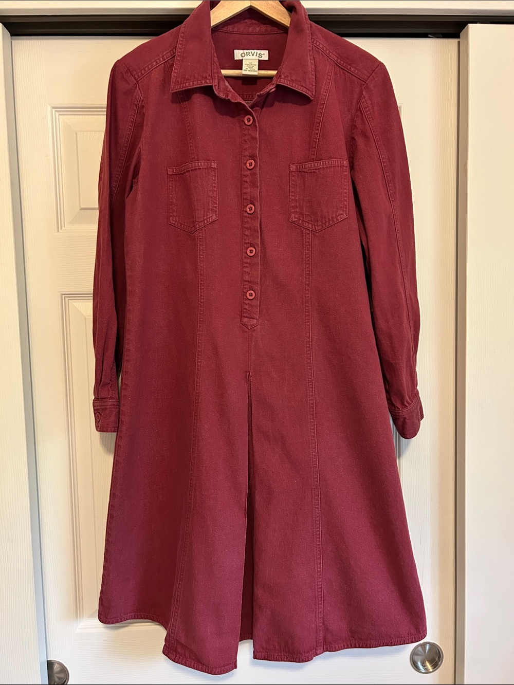 Vintage Orvis Maroon Garment -Dyed Denim Button-Front Shirt Dress Size Medium